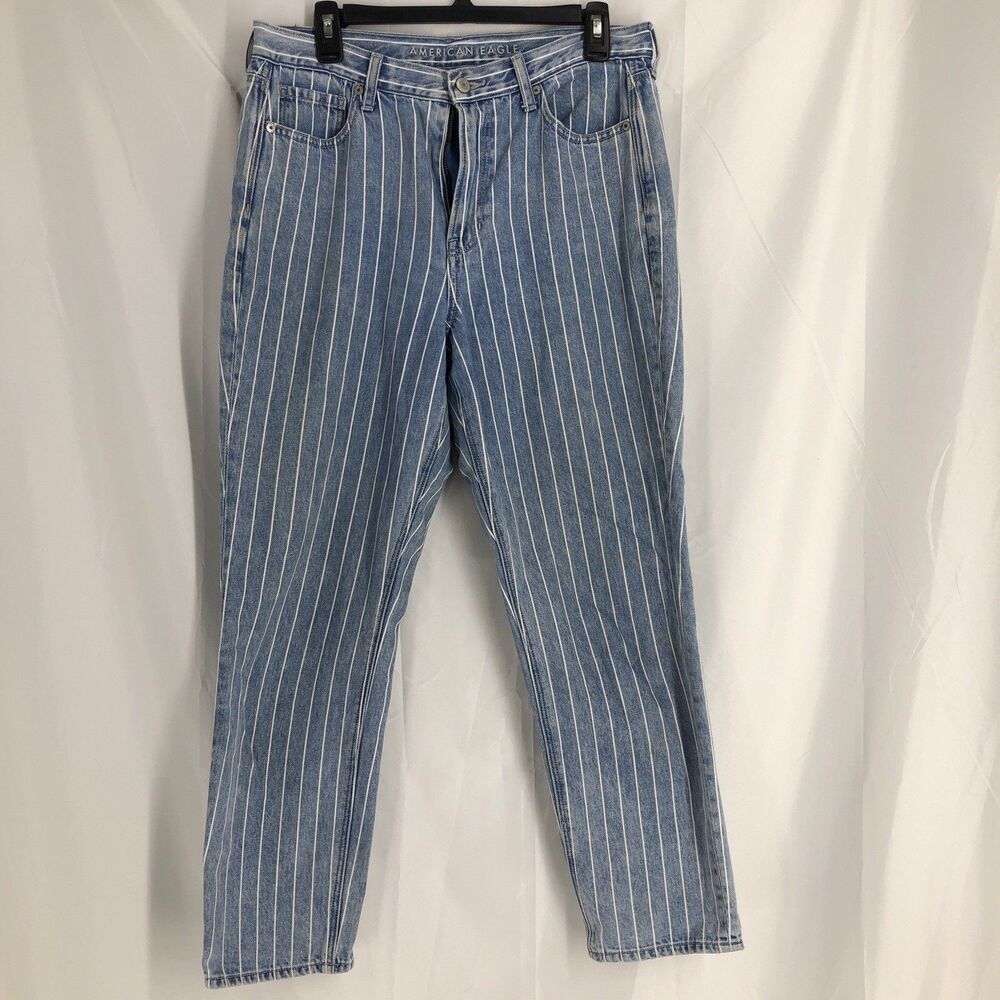 American Eagle Outfitters Size 10 Regular Blue Pin Stripe High Rise Mom Jeans